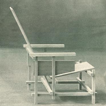 Historical black and white photograph of Rietveld’s unpainted chair