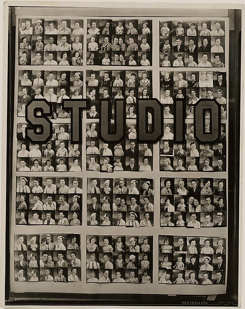A dense grid of small portrait photographs behind large letters spelling STUDIO