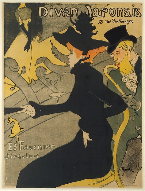 Toulouse-Lautrec’s Divan Japonais poster, with Jane Avril in a black hat in the foreground and a cropped performer above