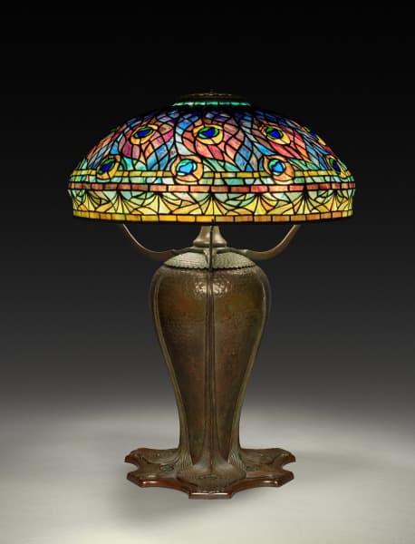 Tiffany Studios Peacock Table Lamp with a multicoloured glass shade