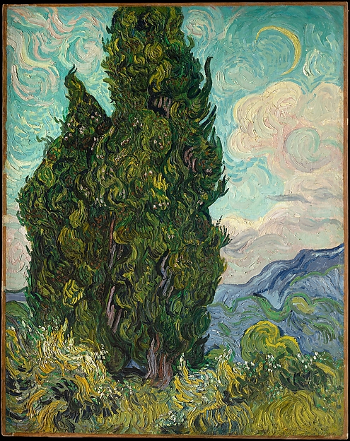 Tall dark cypresses rise through a swirling pale sky above a bright yellow-green landscape